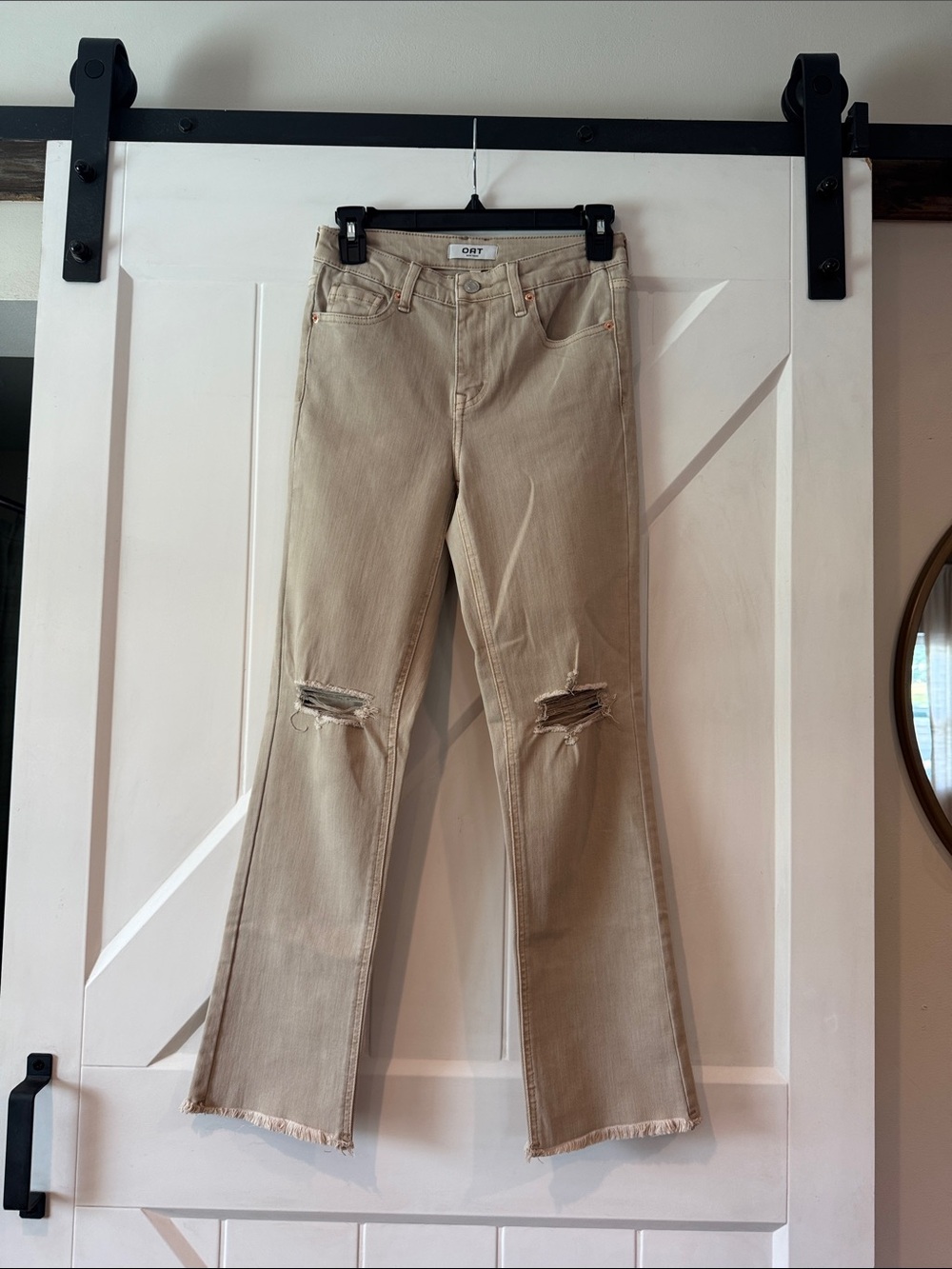 Oat New York Beige Flare Jeans with Knee Distressing
